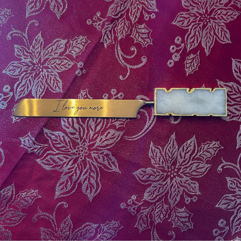 Handcrafted Engraved Gold Cake Knife with White Quartz Handle “I love you more”